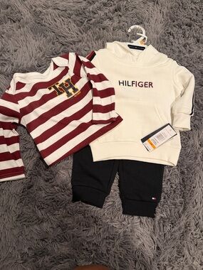 Tommy Hilfiger Cream Hoodie with Maroon Striped Top and Black Pants Set